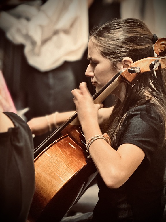 A cellist plays her instrument